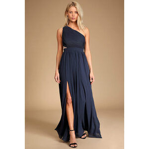 Lulus Lovely Endings Navy Blue One-shoulder Pleated Maxi Dress - Size S
